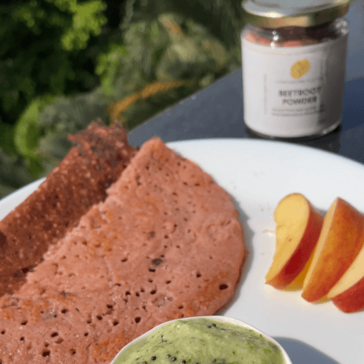 Dosa made with beetroot powder mixed in batter